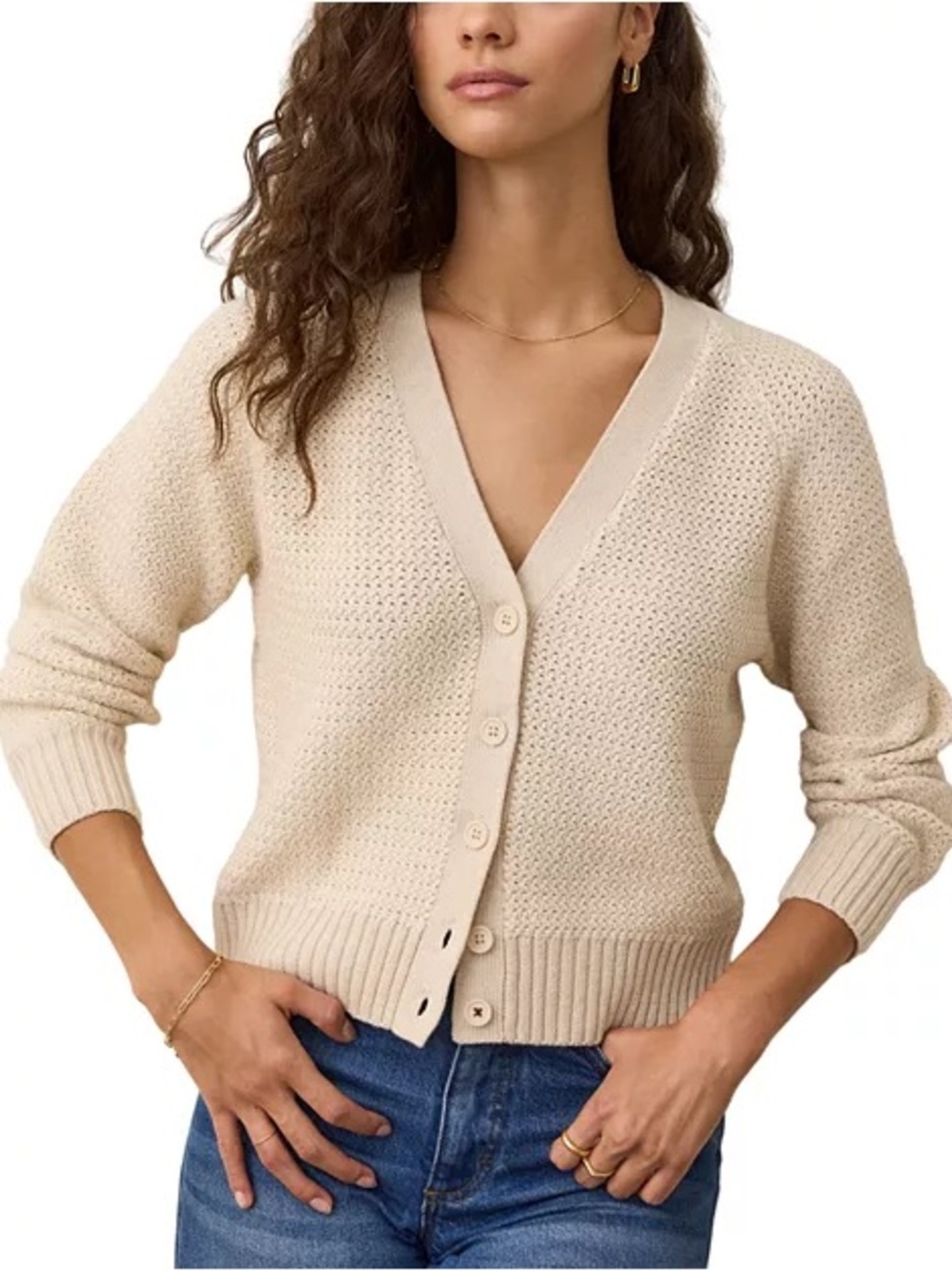 Marine Layer Cream Textured V-Neck Button-Front Cardigan